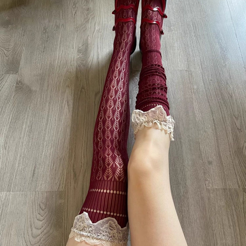 Summer Thin Lace Trim Sexy Long Tube Socks Floral Hollow Breathable Hot Girl Thigh High Versatile Over-the-Knee Slouch Socks