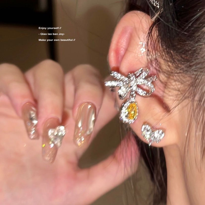 Bow Ear Bone Clip Earrings No Ear Piercing Earrings Yellow Diamond Artificial Color Treasure Flash Heavy Industry Tide