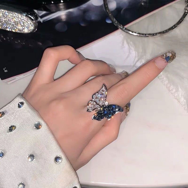 Blue butterfly ring exaggerated European and American INS full diamond luxury index finger ring light luxury Internet celebrity bow ring