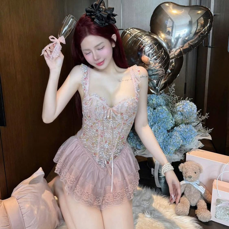 Pure Desire Style Sexy Hot Girl Floral Print Sweet Fishbone Bra with Chest Pads Slimming Gathered Sexy Short Dress Nightdress