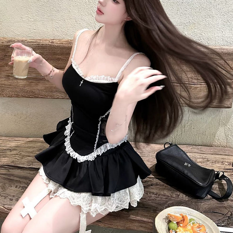 Pure Desire Style Sexy Hot Girl Lace Patchwork Camisole Women Summer Home Black Hollow Red Backless Camisole