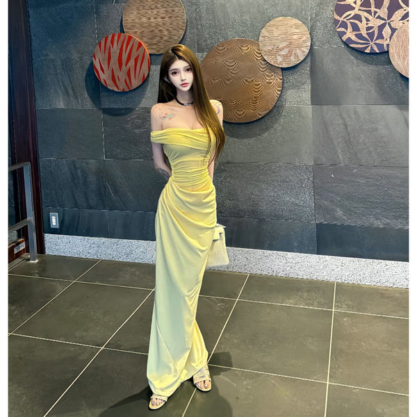 Pure Desire Sexy Hot Girl Off-Shoulder Yellow Mesh Dress Beach Vacation Slim Fit Ruched Slimming Bodycon Long Dress