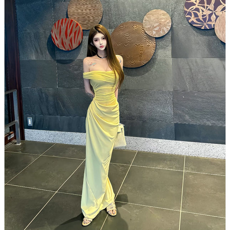 Pure Desire Sexy Hot Girl Off-Shoulder Yellow Mesh Dress Beach Vacation Slim Fit Ruched Slimming Bodycon Long Dress
