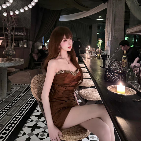Pure Desire Style Sexy Hot Girl Heavy Pleated Strapless Dress Women French Light Luxury Socialite Waist-Cinching Party Gown Dress