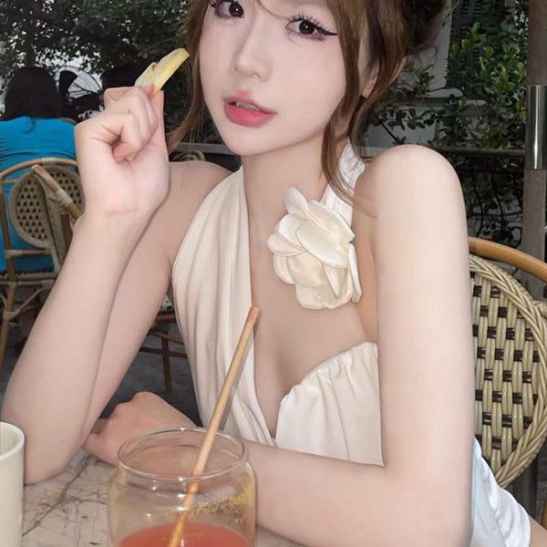 Pure Desire Style Sexy Hot Girl Halter Neck Strap Vest Slim Fit Slimming Inner Wear Outer Wear Short White Sleeveless Top