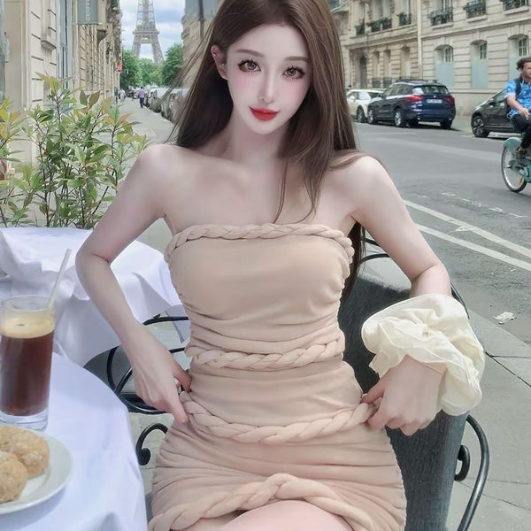 Pure Desire Style Sexy Hot Girl Strapless Dress Slimming Hot Girl Braided Edge Wrapped Chest Slim Waist Bodycon Dress Summer