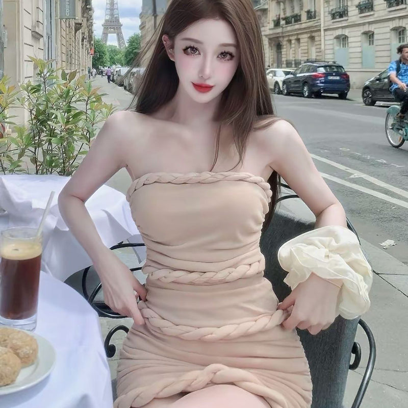 Pure Desire Style Sexy Hot Girl Strapless Dress Slimming Hot Girl Braided Edge Wrapped Chest Slim Waist Bodycon Dress Summer