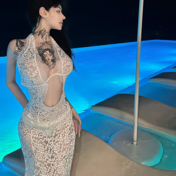 Pure Desire Style Sexy Hot Girl Hollow Out Sheer V-neck Low-cut Lace Halter Dress Sheer Long Dress Beach Dress
