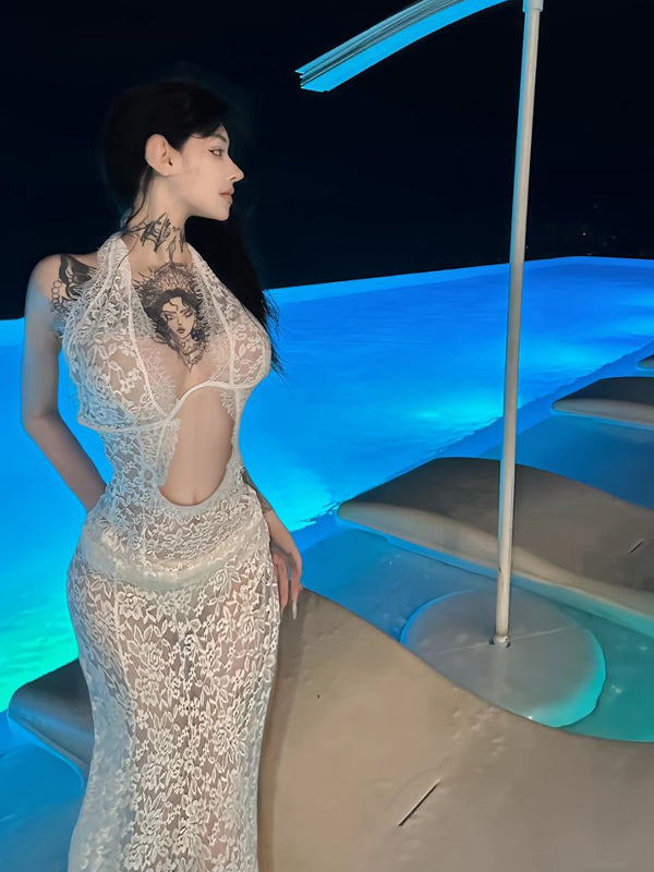 Pure Desire Style Sexy Hot Girl Hollow Out Sheer V-neck Low-cut Lace Halter Dress Sheer Long Dress Beach Dress
