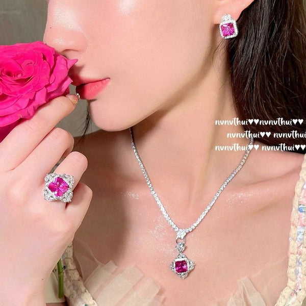 Princess pink diamond noble daughter style court retro temperament colored treasure necklace set luxury flower opal necklace