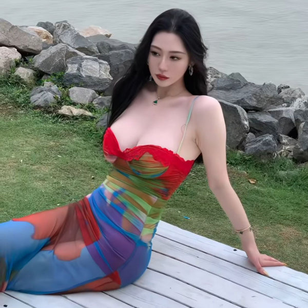 Pure Desire Style Sexy Hot Girl Ink Smudge Mesh Dress Feminine Vacation Spaghetti Strap Long Dress