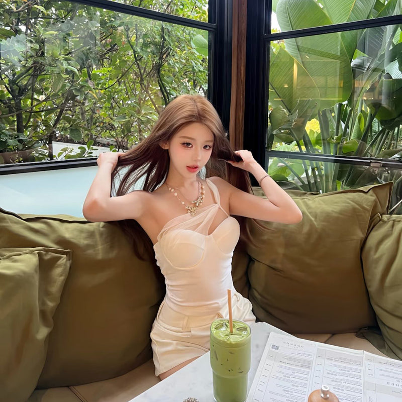 Pure Desire Style Sexy Hot Girl White Mesh Patchwork Sexy Strapless Off-Shoulder Vest with Chest Pad Short Top for Summer