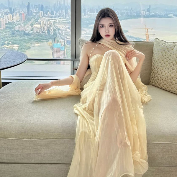 Pure Desire Sexy Spicy Girl Strapless Dress Women Summer Vacation Elegant Beach Dress Beach Long Dress Mesh Dress