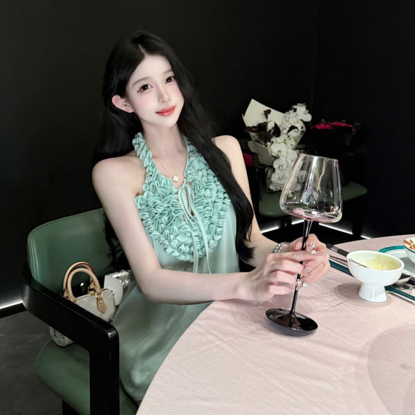 Pure Desire Sexy Hot Girl Hollow Out Tie Strap 3D Flower Washed Tube Top Vest for Women Summer Beach Vacation Halter Backless Vest