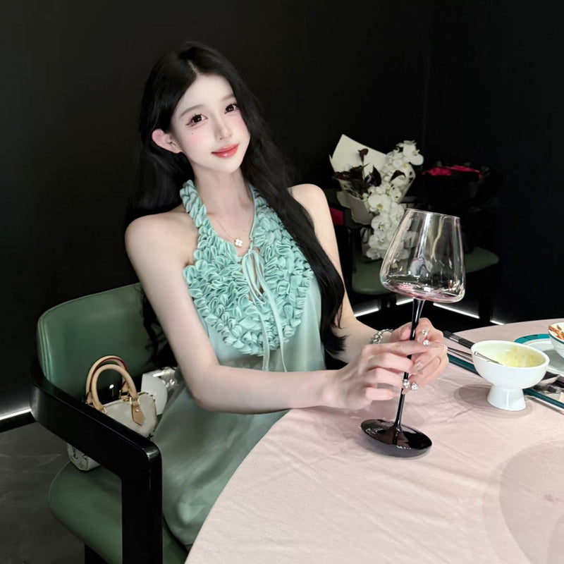 Pure Desire Sexy Hot Girl Hollow Out Tie Strap 3D Flower Washed Tube Top Vest for Women Summer Beach Vacation Halter Backless Vest