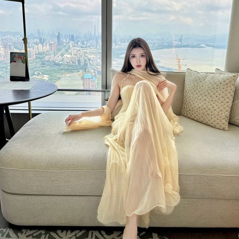 Pure Desire Sexy Spicy Girl Strapless Dress Women Summer Vacation Elegant Beach Dress Beach Long Dress Mesh Dress