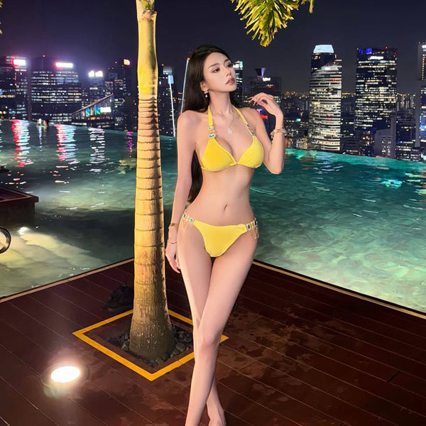Pure Desire Style Sexy Hot Girl Crystal Rhinestone Bikini Swimsuit Summer Beach Vacation Slimming Beach Two-Piece Swimwear Set