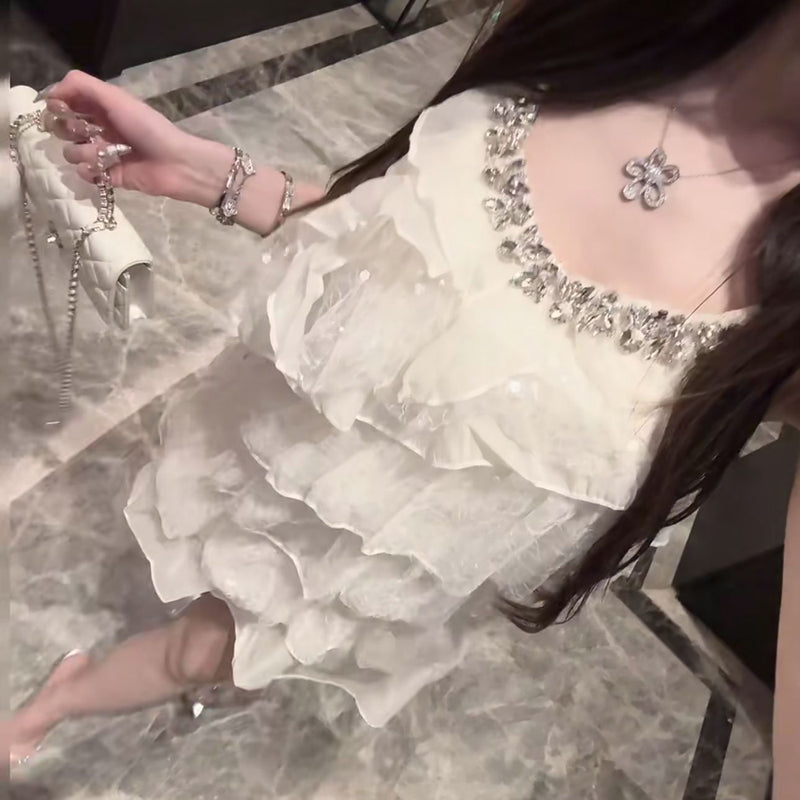 Pure Desire Style Sexy Hot Girl Lace Patchwork Spaghetti Strap Dress Summer Beach Vacation Slimming Rhinestone High-end Feel
