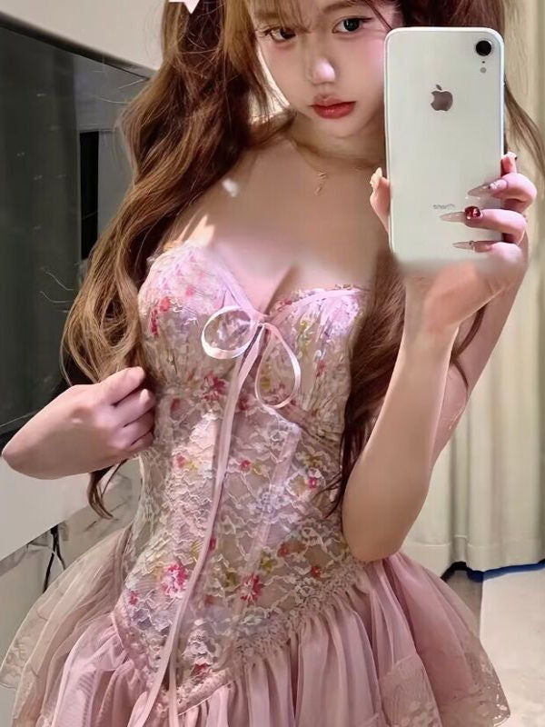 Pure Desire Style Sexy Hot Girl Floral Print Sweet Fishbone Bra with Chest Pads Slimming Gathered Sexy Short Dress Nightdress