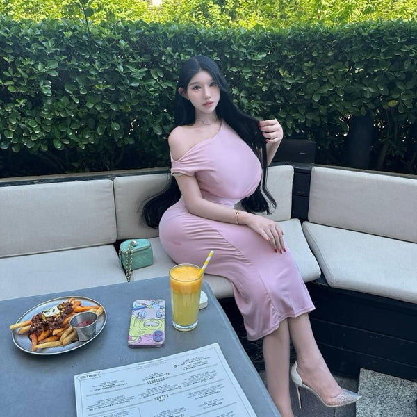Pure Desire Style Sexy Hot Girl Pink Off-Shoulder Slim Backless Tie Dress Elegant Beach Vacation Mid-Length Dress