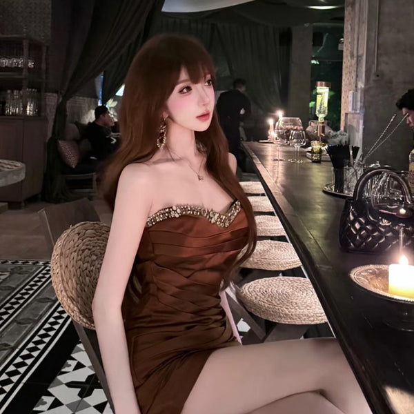 Pure Desire Style Sexy Hot Girl Heavy Pleated Strapless Dress Women French Light Luxury Socialite Waist-Cinching Party Gown Dress