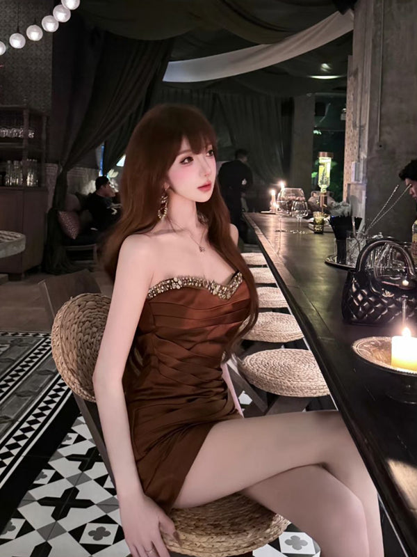 Pure Desire Style Sexy Hot Girl Heavy Pleated Strapless Dress Women French Light Luxury Socialite Waist-Cinching Party Gown Dress