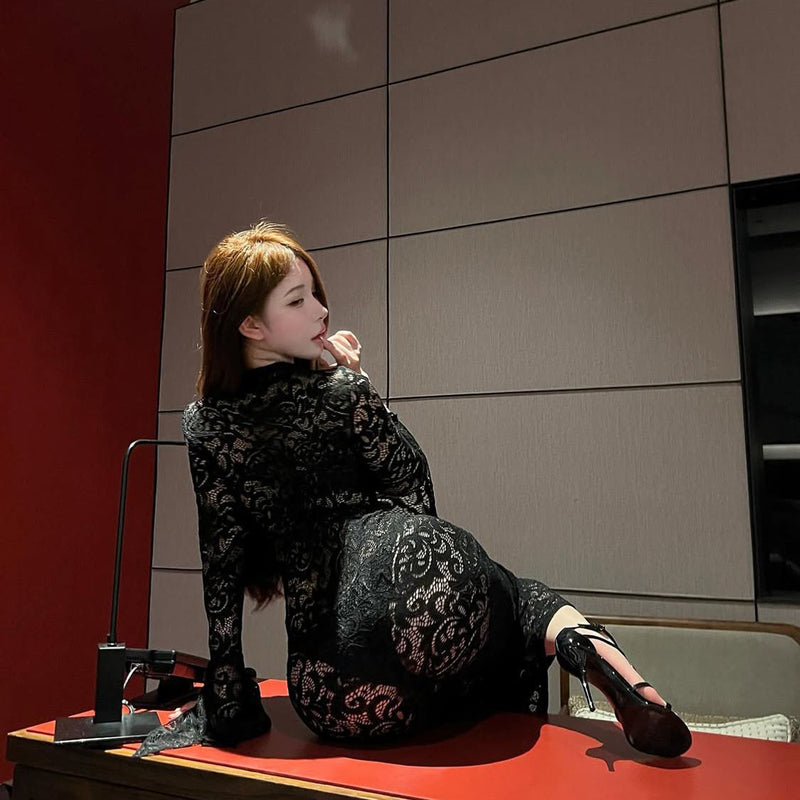 Pure Desire Style Sexy Lace Strap Dress Summer Beach Vacation Slimming Long Sleeve Black Flare Sleeve Long Dress