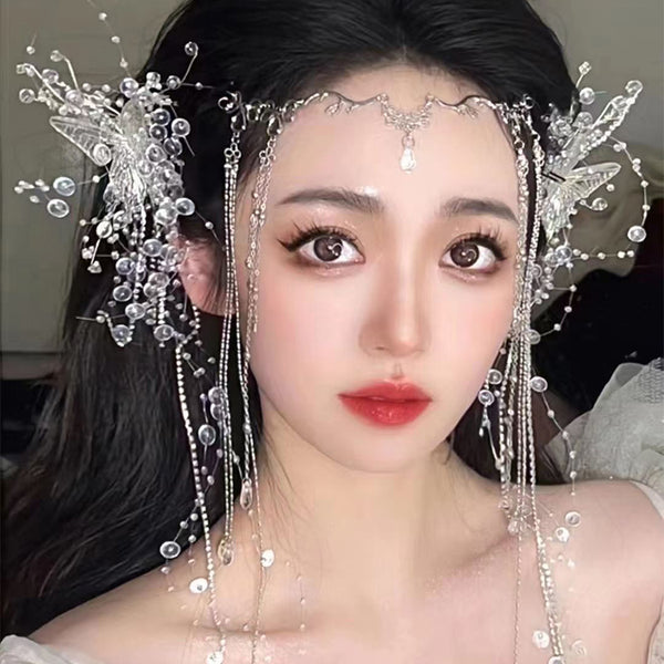 Bridal Hair Accessories Fairy Eyebrow Pendant Bow Tassel Pearl Hair Clip Female Fairy Mori Style Crystal Tassel Hair Accessories