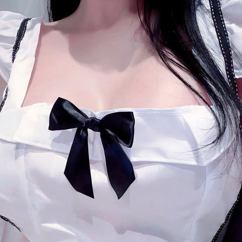 Pure Desire Style Sexy Hot Girl Bow Tie Lace-Up Nightdress Maid Kitchen Girl Nightgown Summer Exposed Navel Age-Reducing Temptation Homewear