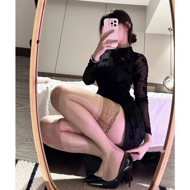 [2377 People Collected] Aurora Lace Trim Long Tube Socks Black Silk Silicone Non-Slip Toe Transparent Sexy Glossy Stockings Over-the-Knee Socks Pure Desire