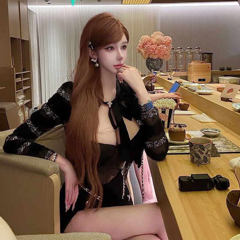 Pure Desire Style Sexy Hot Girl Hollow Lace Patchwork Long Sleeve Top Bow Tie Versatile Black Slimming Top
