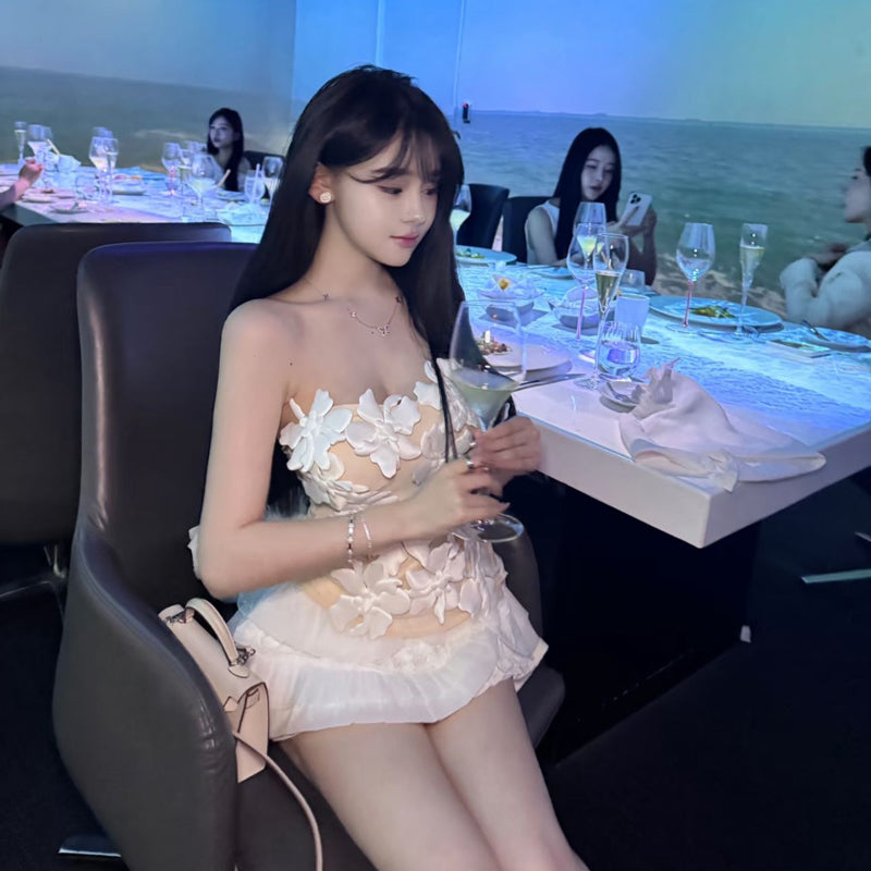 Pure Desire Style Sexy Hot Girl 3D Flower Patchwork Tube Top Camisole Sexy Hot Girl Backless Halter Top
