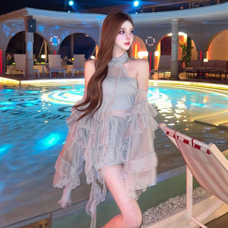 Pure Desire Style Sexy Hot Girl Halter Neck Off-Shoulder Dress for Women Summer Beach Vacation Blue Hollow Out Backless Dress