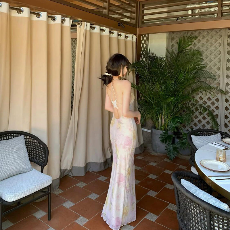 Pure Desire Style Sexy Hot Girl Floral Strap Dress Women Summer Vacation Slim Beach Backless Butterfly Bodycon Long Dress