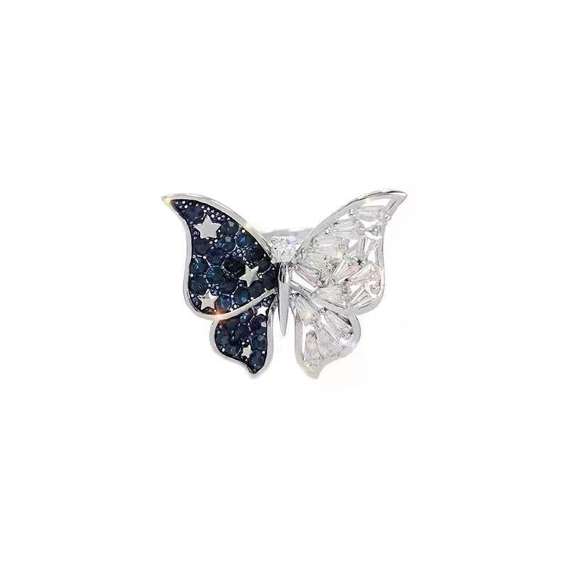 Blue butterfly ring exaggerated European and American INS full diamond luxury index finger ring light luxury Internet celebrity bow ring