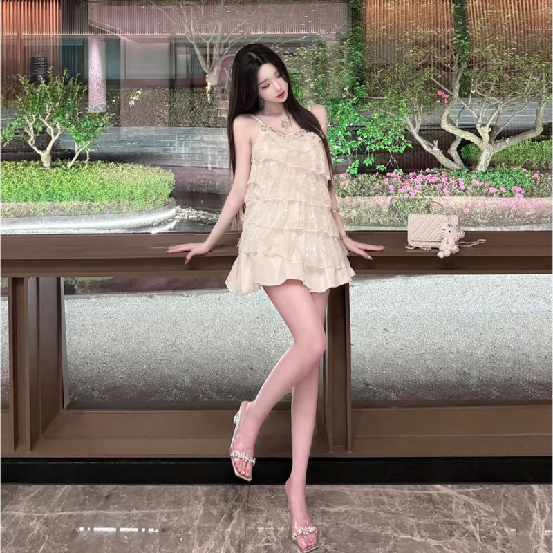 Pure Desire Style Sexy Hot Girl Lace Patchwork Spaghetti Strap Dress Summer Beach Vacation Slimming Rhinestone High-end Feel