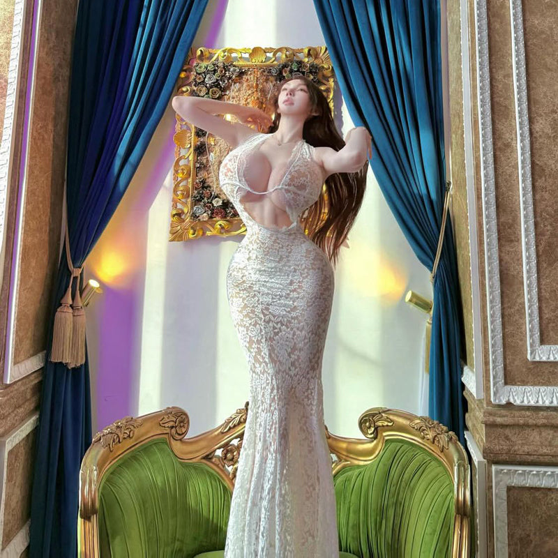 Pure Desire Style Sexy Hot Girl Hollow Out Sheer V-neck Low-cut Lace Halter Dress Sheer Long Dress Beach Dress