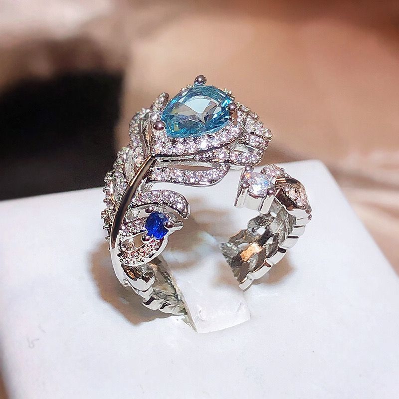 Blue feather ring, open zircon adjustment fading, high-end niche design, light luxury retro high-value ring.