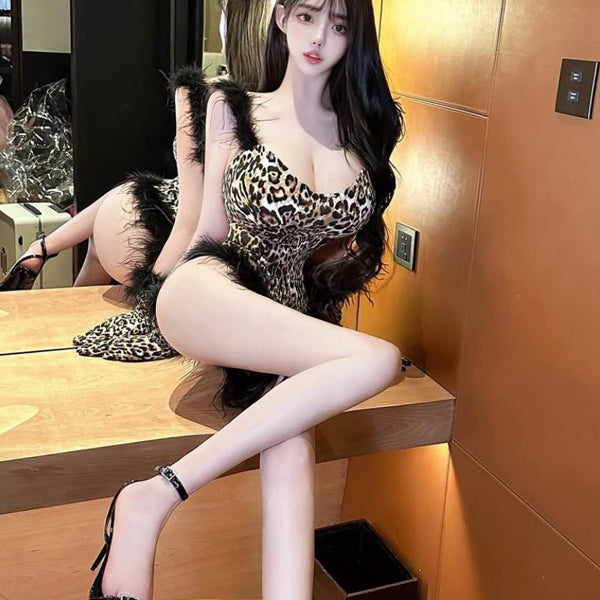 Pure Desire Style Sexy Hot Girl Leopard Print Bodysuit Slim Fit Slimming Inner Wear Outer Wear Short Feather Leopard Print Bodysuit