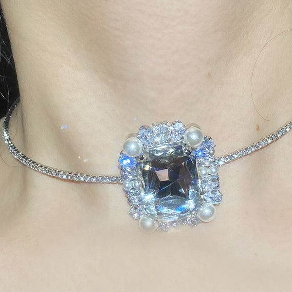 Choker Flash Diamond Necklace Square Diamond Design Sense Niche Neck Chain Wedding Dress Accessories Nightclub Disco Choker