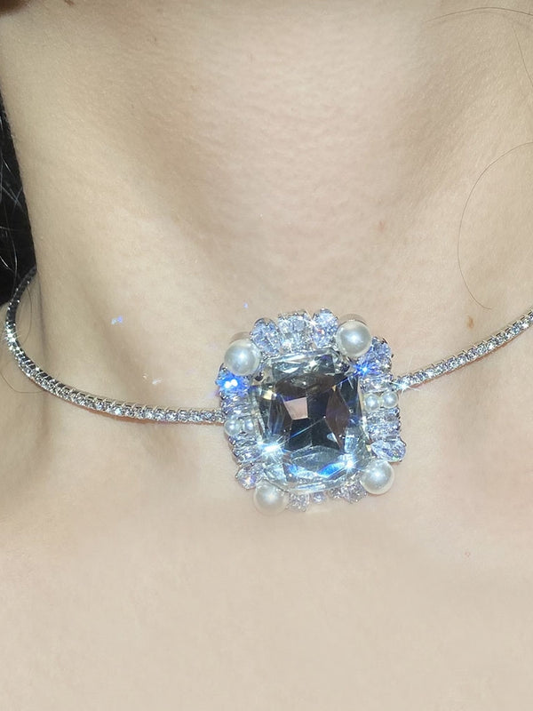 Choker Flash Diamond Necklace Square Diamond Design Sense Niche Neck Chain Wedding Dress Accessories Nightclub Disco Choker