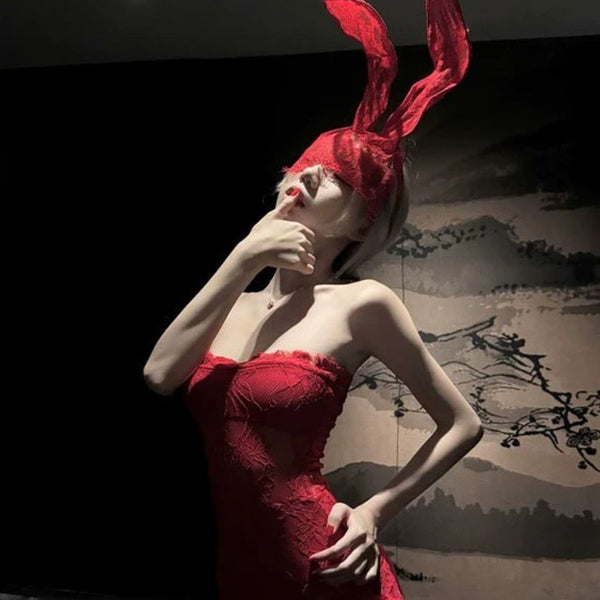 Pure Desire Style Sexy Hot Girl Off-Shoulder Red Lace Tube Dress Hot Girl Waist-Cinching Bodycon Dress