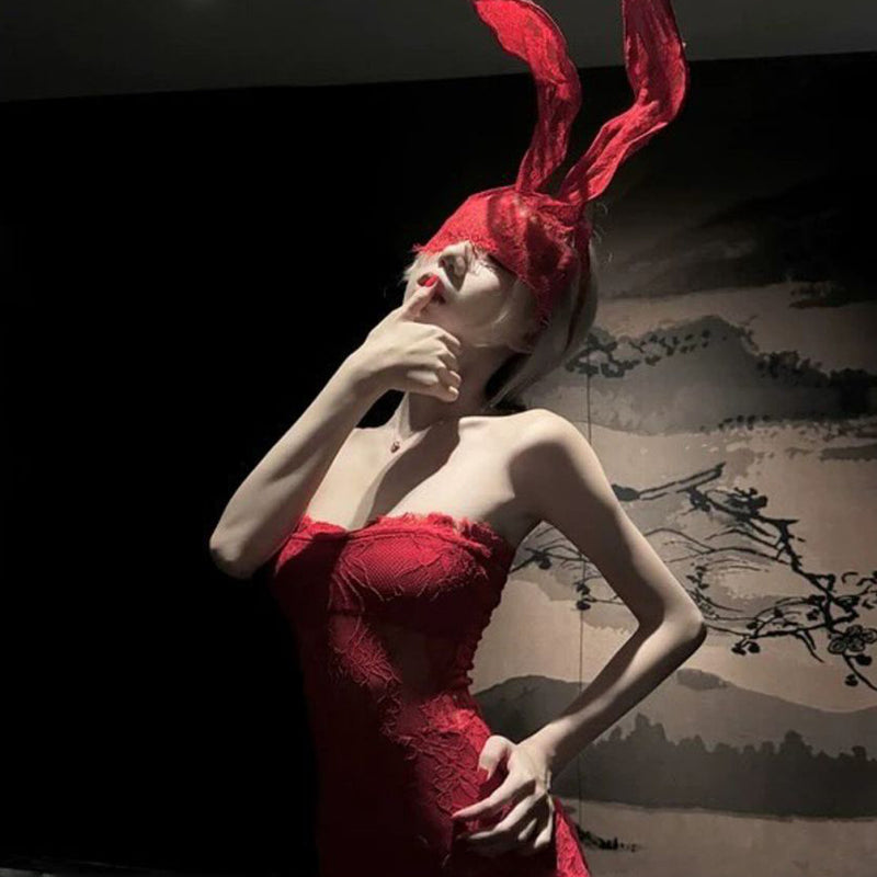 Pure Desire Style Sexy Hot Girl Off-Shoulder Red Lace Tube Dress Hot Girl Waist-Cinching Bodycon Dress